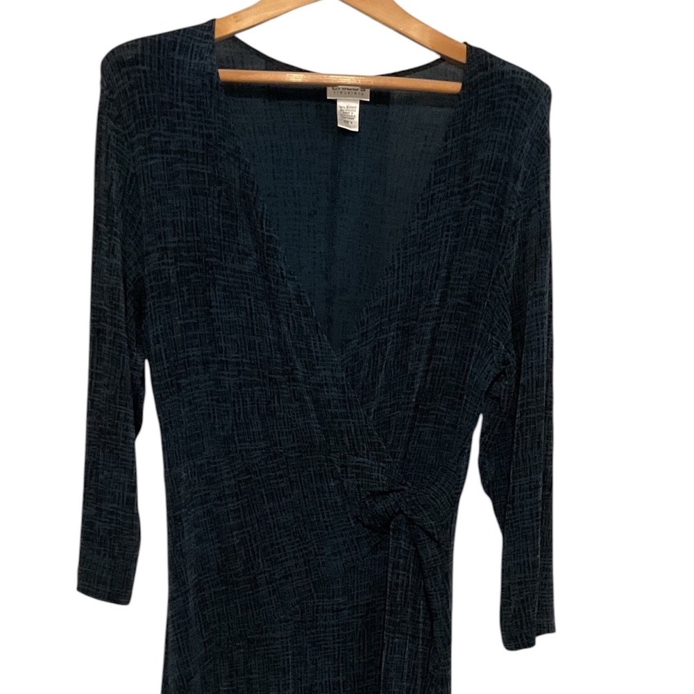 Chicos Travelers Teal Black Faux Wrap Midi Dress 3/4 Sleeve Size 2 Large - Picture 3 of 8